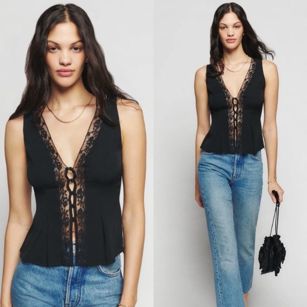 Reformation Cristina Lace-Trimmed Crepe Detail Top in Black